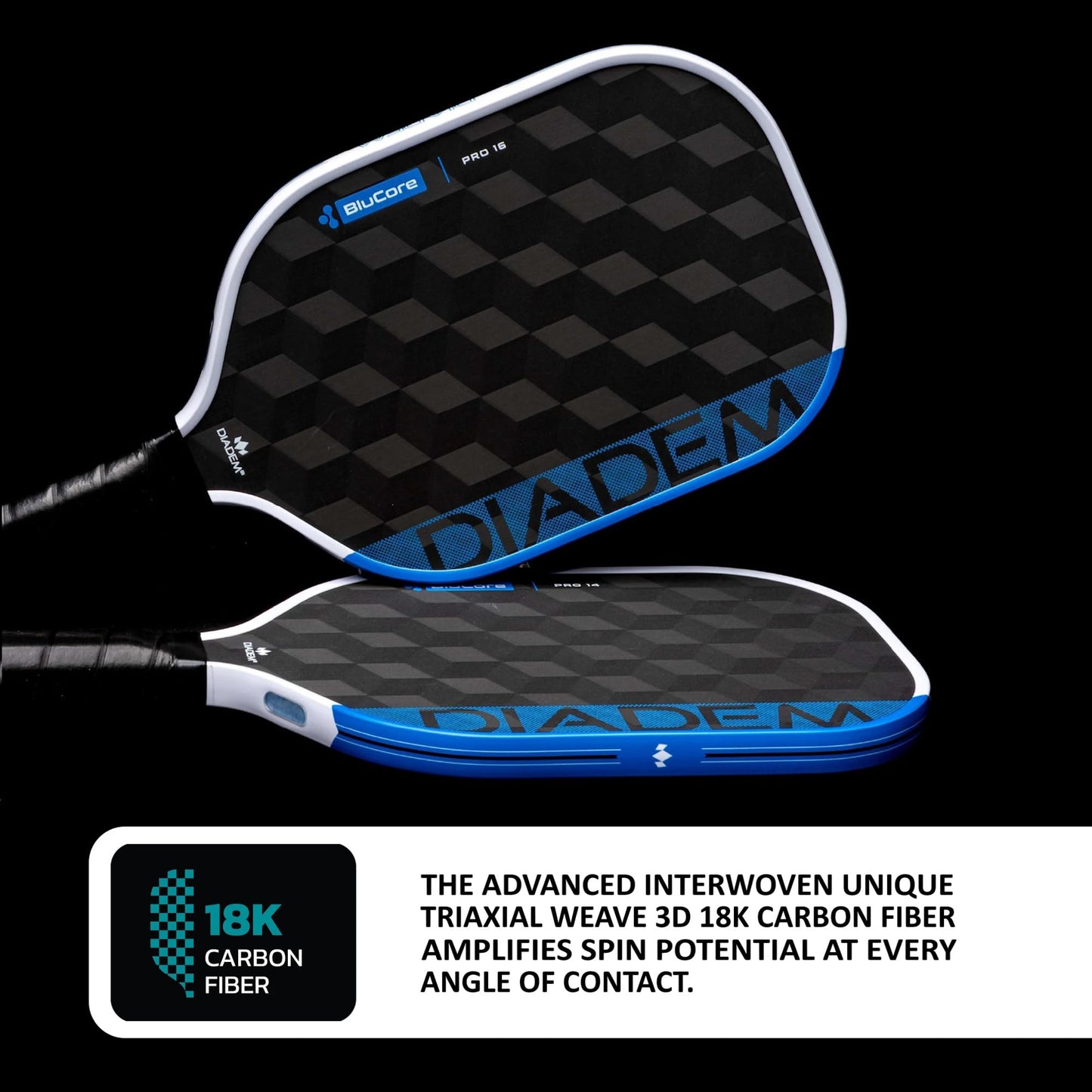 Diadem Edge BluCore Pro Pickleball Paddle | Ultimate Power, Reach, Spin, and Heavy Drives, Extended Reach, 18K Carbon Fiber, PowerSync Foam Core | USAPA Approved (Pro 16mm)