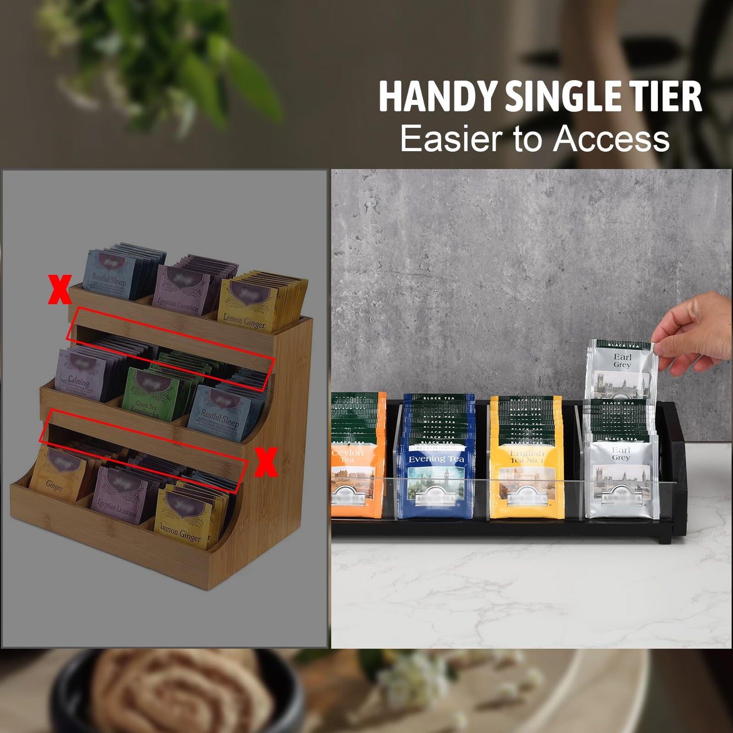 Tea Bag Holder Organizer Box with 4 Compartments, Pine Wood and Acrylic, 13.5 x 4.9 x 3.1 inches for Drawer, Cabinet, Countertop, Tea Tray (Black)