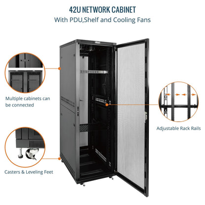 Tecmojo 42U Server Rack Network Cabinet 39.4" D x 23.6" W, Locking Data Cabinet Enclosure for 19" Server, Networking, AV & IT Equipment, Mesh Door, Black