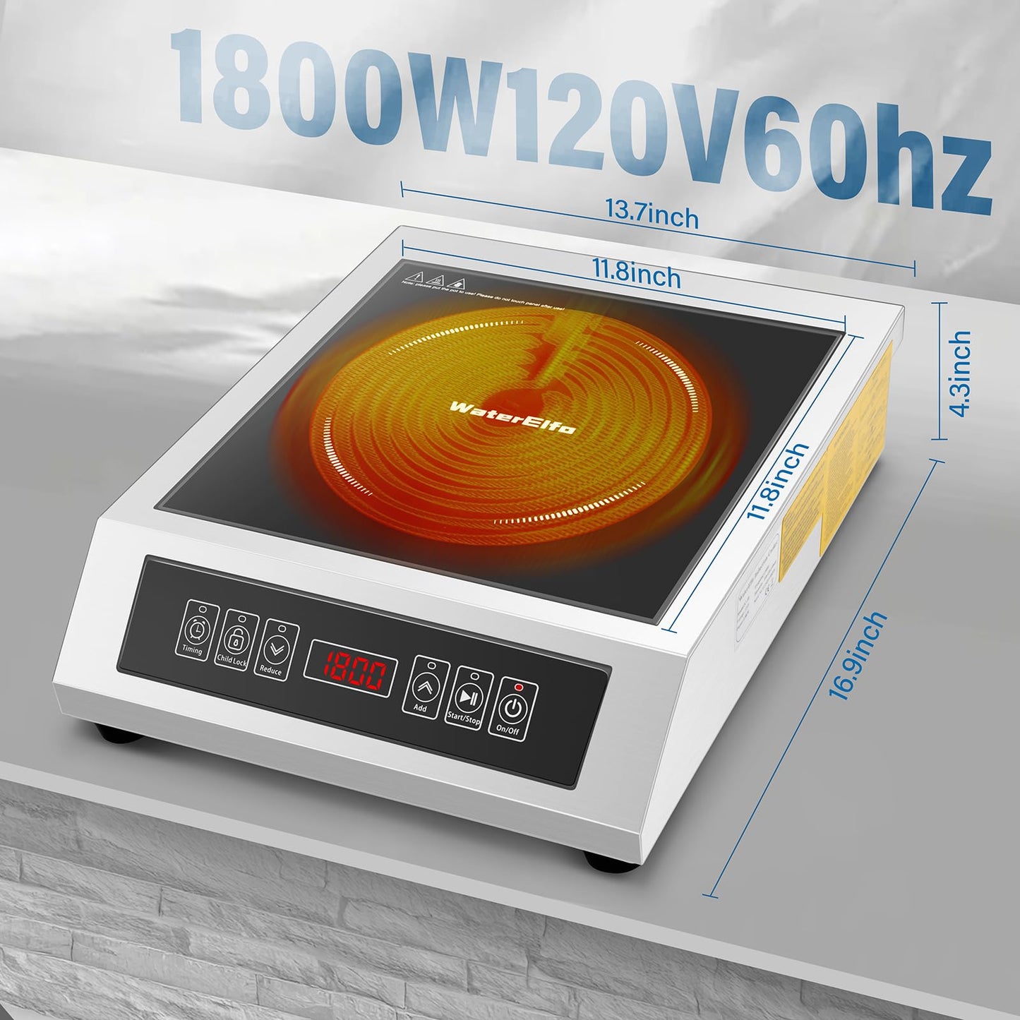 WaterElfo Professional Portable Induction Cooktop,1800 Watts 120V Commercial Range Countertop Burner, 1800 Watts Induction Burner with Sensor Touch and LCD Screen Low noise, timed