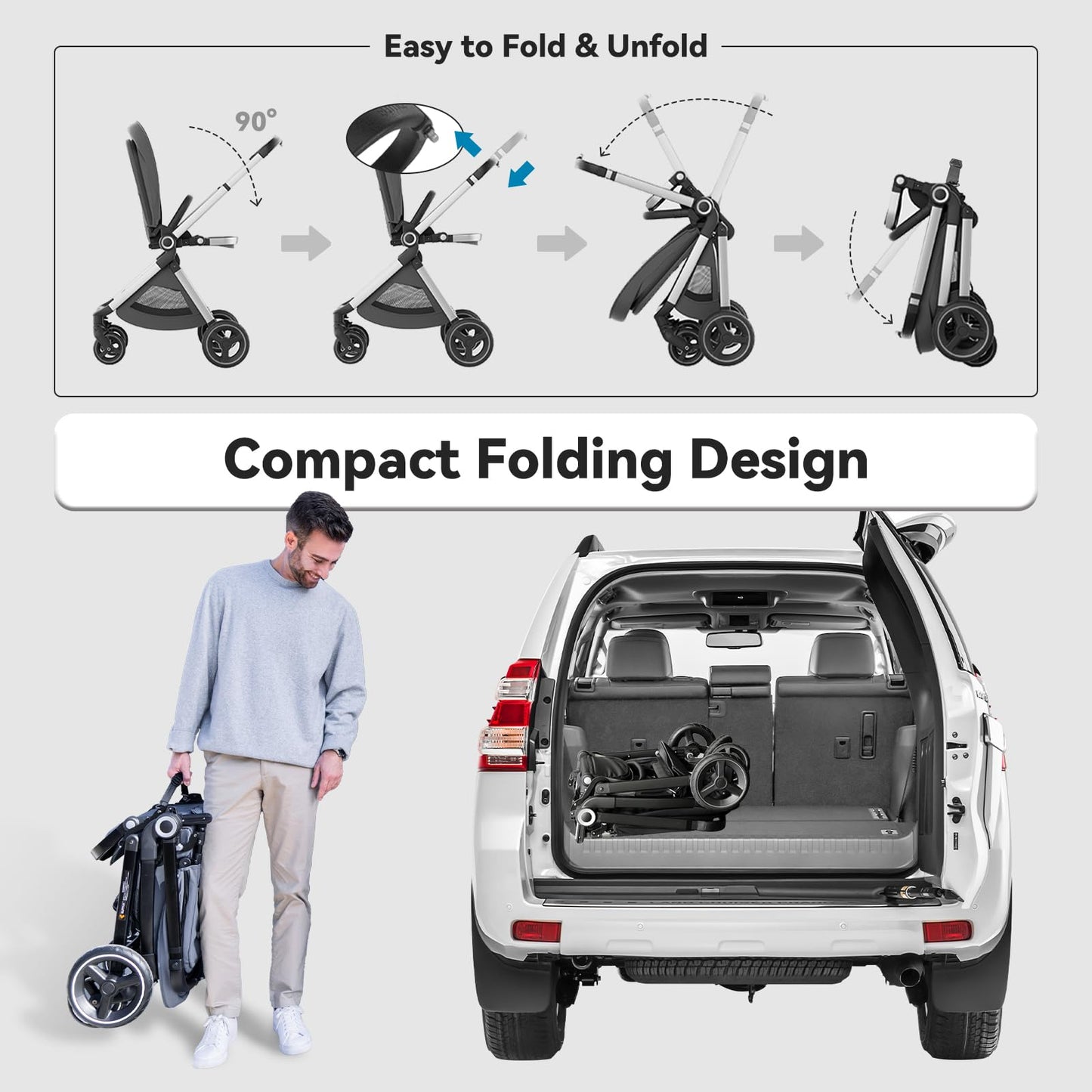 ELITTLE EMU Baby Stroller with Reversible Seat Full-Size Infant Stroller with Full Recline Cockpit Compact Foldable Toddler Carriage for Outdoor City - Black