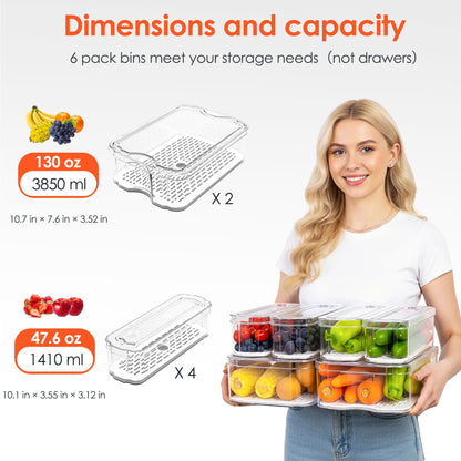 SMRCAD Fridge Organizers and Storage, 6 Pack Clear Freezer Organizer Bins with Lids for Kitchen, Pantry, Refrigerator, Food, Fruit, Vegetable Storage