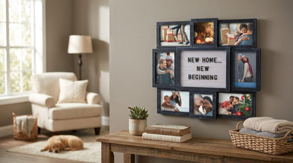 MELANNCO Collage Picture Frame with Letter Board, 8 Opening Photo Display for 4x6 and 4x4 Photos, 19 x 17 Inch Wall Decor with 144 Changeable Letters, Numbers and Symbols, Distressed Black
