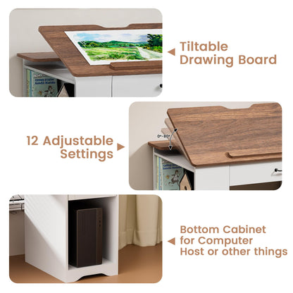Smilets Crafting Table with Storage Cabinet & Drawers, Adjustable Drafting Table with Open Shelves, Drawing Computer Desk, Painting Desk, Workstation for Home Office Reading, Writing, Craftin
