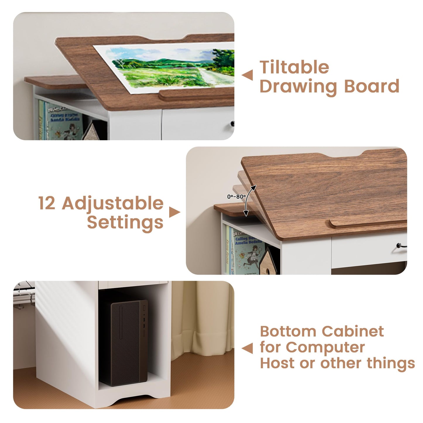 GatherHome Drafting Table with Storage Cabinet & Drawers, Adjustable Drawing Table with Open Shelves, Craft Art Desk for Artists, Painters, Drawing, Crafting, Reading, Writing, Working