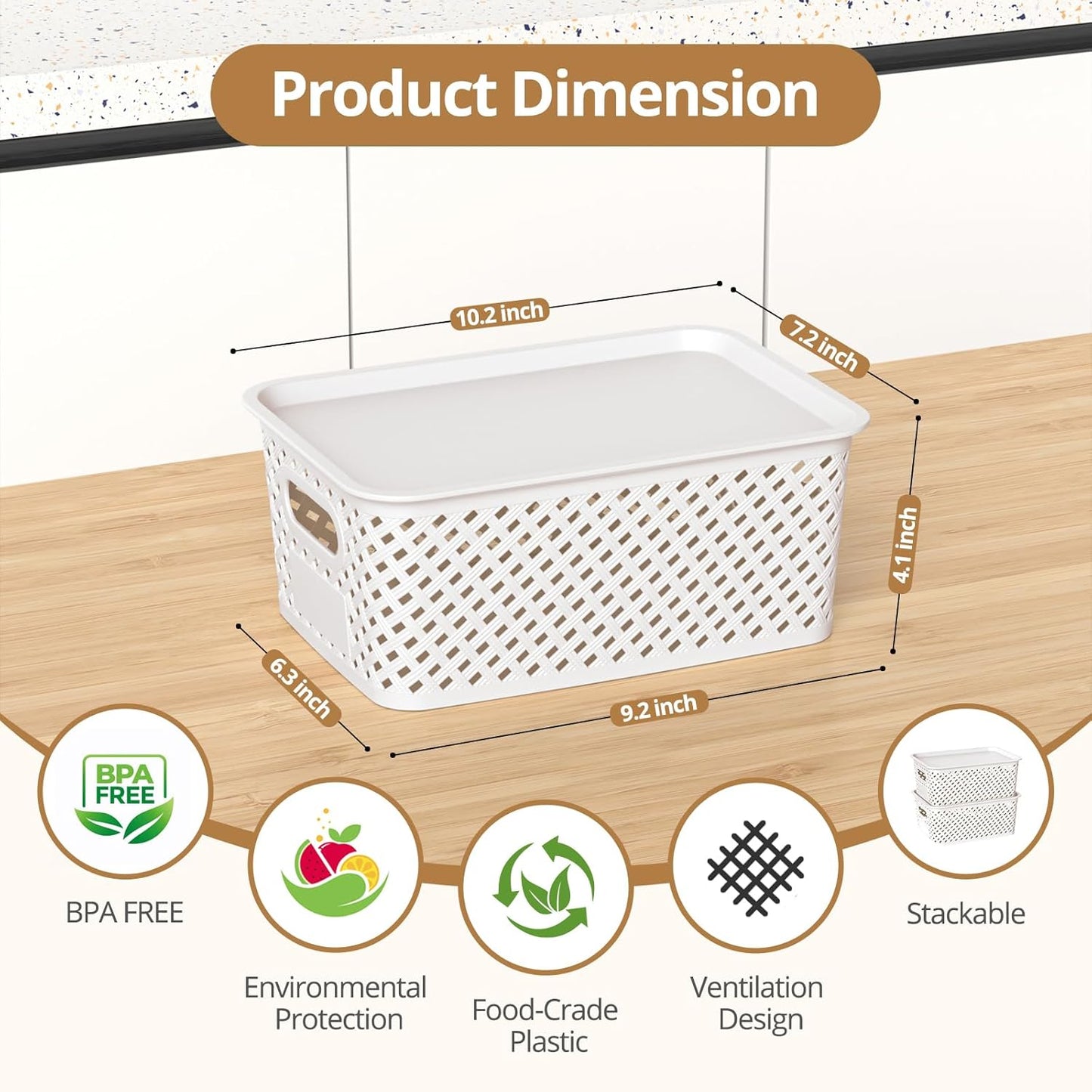 Plastic Storage Bins - Stackable Organizing Baskets with Lids | 8-Pack, 10.2x7.2x4.1 Inches, White