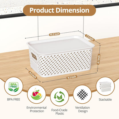 Plastic Storage Bins - Stackable Organizing Baskets with Lids | 8-Pack, 10.2x7.2x4.1 Inches, White