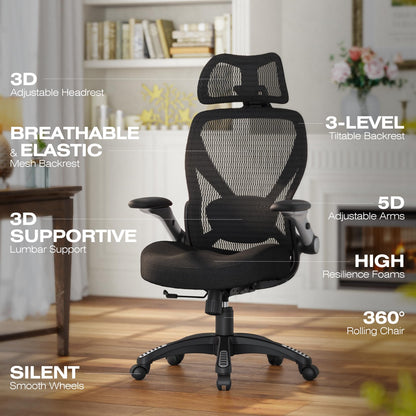 ELABEST X100 Ergonomic Mesh Office Chair, Big and Tall Hone Desk Chair with 5D Flip-Up Arms, Adjustable 3D Lumbar Support,Gaming & Executive Computer Chairs for Long Hours, Padded Seat