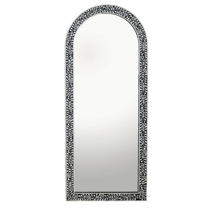 Creative Co-Op Mango Wood Arched Mirror with Bone Inlay Flowers and Leaves, Black and Ivory Finish