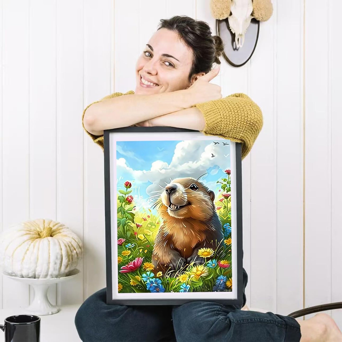 HMDIIMGE DIY Garden Groundhog Diamond Art Kits for Adults, Full Round Crystal Gemstone Art Cross Stitch Diamond Painting Kits for Beginners, for Room Decor Bathroom Decor 12x16 Inch