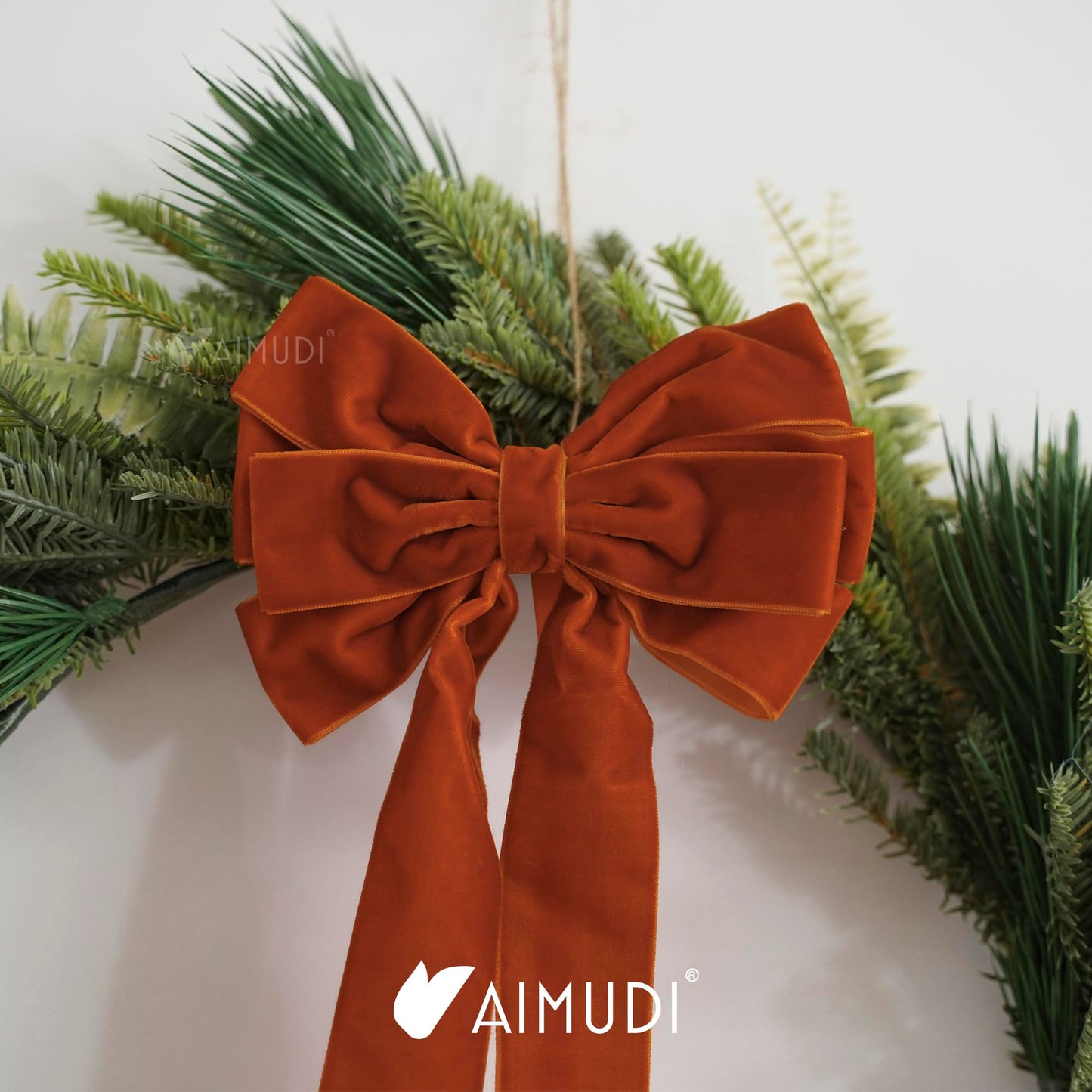 AIMUDI Orange Velvet Bows for Christmas Tree 6.5" x 15" Christmas Bows for Gift Wrapping, Holiday Crafts, Wreaths, Garlands, Staircase, Home Outdoor Winter Decorations, 2 PCs