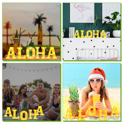 Aurelema 5 Pcs Summer Hawaiian Luau Aloha Party Decorations Aloha Light up Sign LED Marquee Letter for Party Decorations Battery Powered Tropical Alphabet Summer LED Lights for Wedding Night Birthday