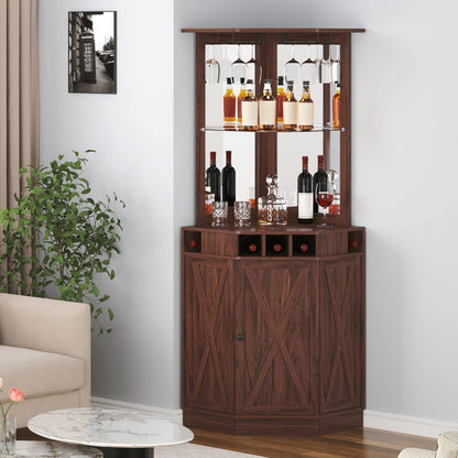 VEVOR Corner Industrial Bar Cabinet, Wine Table for Liquor & Glasses, Sideboard Buffet Cabinet with Glass Holder, Freestanding Farmhouse Wood Coffee Bar Cabinet for Living Room, Home Bar, Black Walnut
