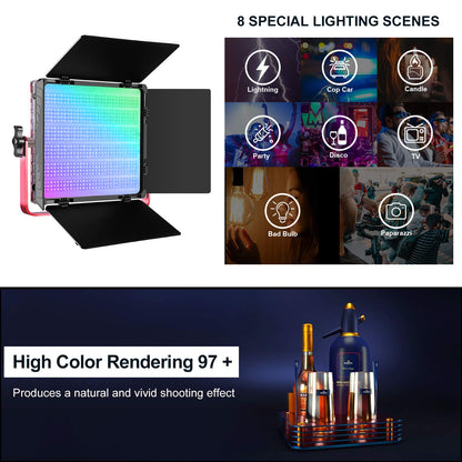 GVM RGB LED Video Light, 50W Video Lighting Kit with APP Control, 1200D Photography Lighting kit for YouTube Studio, 3 Packs Led Panel Light, 3200K-5600K, Aluminum Alloy Shell, CRI 97