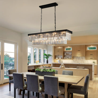 Weesalife Crystal Chandeliers for Dining Room Light Fixtures Over Table，15-Lights Black Modern Rectangle Chandeliers for Kitchen Island Bar L40 Inch