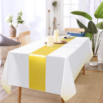 Barafat 12 Pack White Gold Tablecloth and Table Runner Set Party Decorations, White and Gold Plastic Disposable Tablecloth and Satin Table Runner for Wedding Birthday Party (White and Gold)