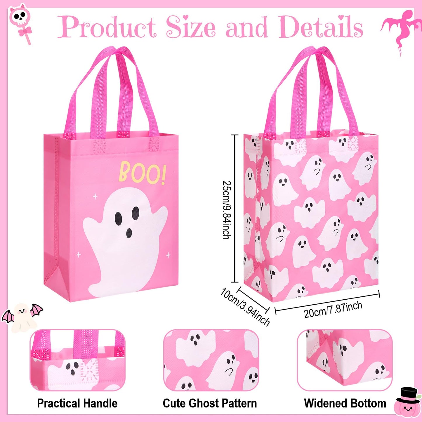 Wovnet 30 Pcs Halloween Party Favor Gift Bags Ghost Boo Pink Reusable Non Woven Goodie Treat Bags with Handle Horror Theme for Halloween Party Supplies 10 x 8 x 4in