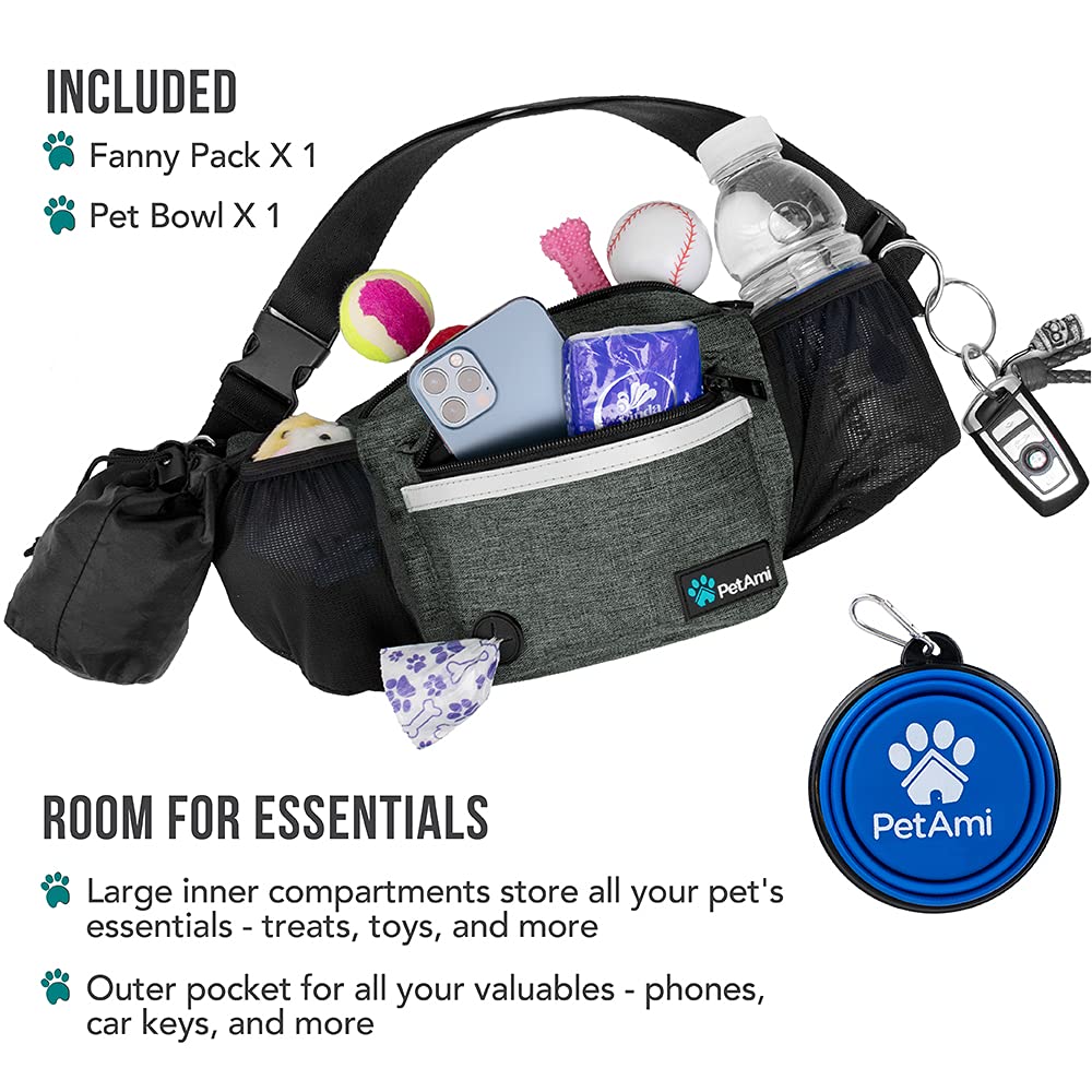 PetAmi Dog Fanny Pack, Treat Pouch for Dog Walking, Training, Built in Poop Bag Dispenser, Water Bottle Holder, Collapsible Bowl, Pet Treat Waist Belt for Hiking, Running, Kibbles (Camo Black)