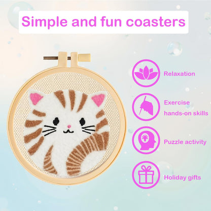 57lilina Punch Needle Coaster Kit for Adults Beginners Kids, 6 Set Complete Animal Cat Punch Needle Stitching Embroidery Art Kit, Step-by-Step Guide Make Punch Needling Drink Coasters for Starter