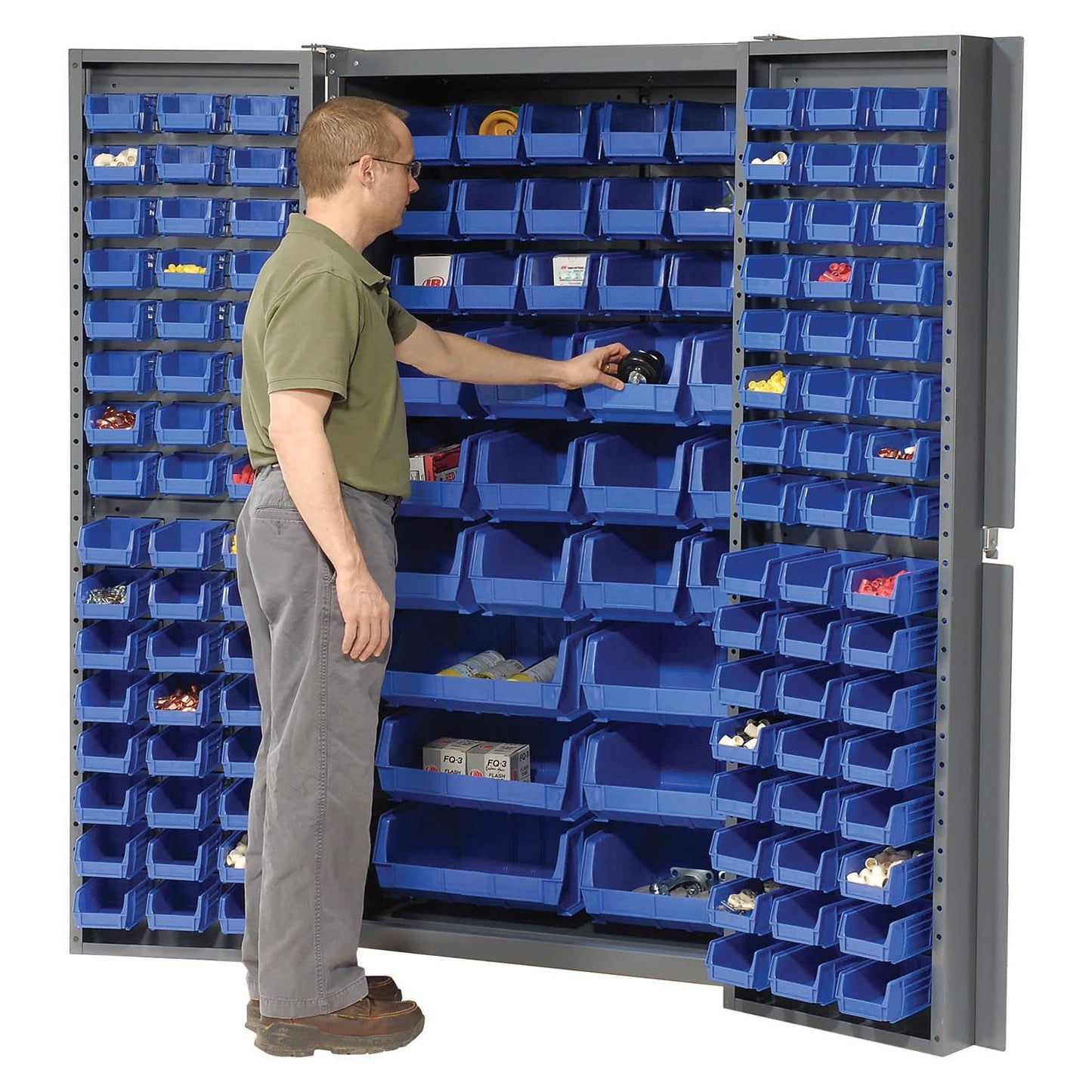 Global Industrial Deep Door Bin Cabinet, Includes 132 Blue Plastic Bins, Padlockable Steel Cabinet, 38" W x 24" D x 72" H, for Tool and Parts Storage, Assembly Required