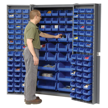 Global Industrial Deep Door Bin Cabinet, Includes 132 Blue Plastic Bins, Padlockable Steel Cabinet, 38" W x 24" D x 72" H, for Tool and Parts Storage, Assembly Required