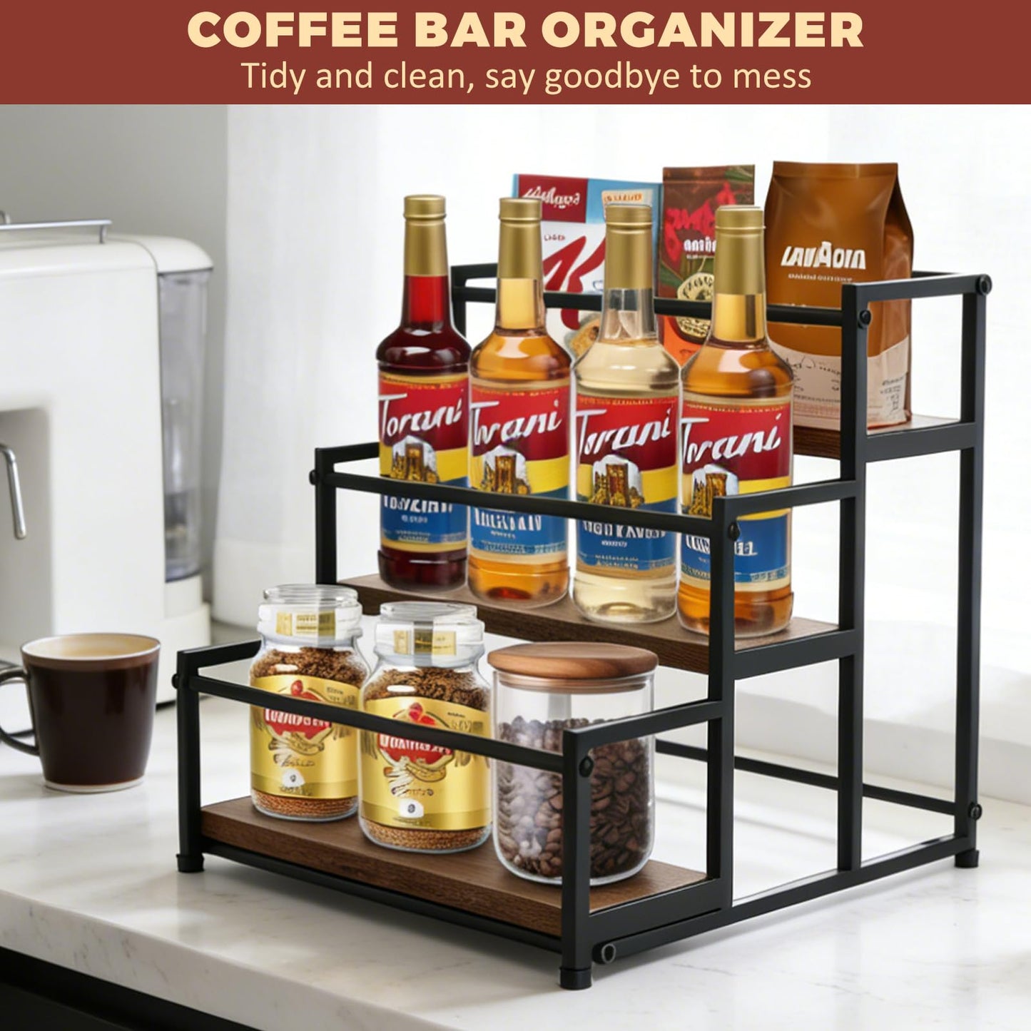 HRUSGO Coffee Syrup Rack Organizer - Metal Bottle Holder for 12 Bottles – Rustic Countertop Display Shelf for Coffee Bar, Kitchen Cabinet, Pantry Storage for Syrups, Liquor, Spice, Tea & Wine (3-Tier)