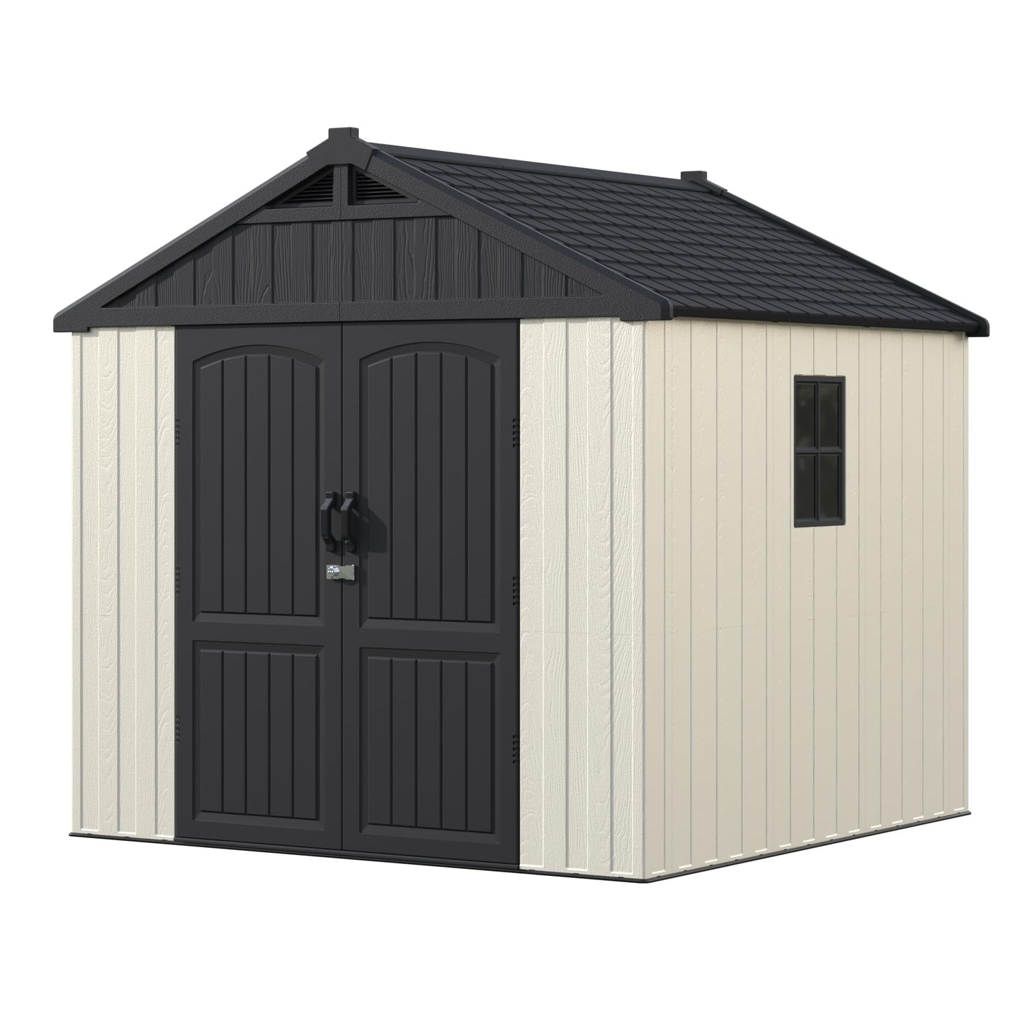 Devoko 8 x 8 FT Plastic Storage Shed with Floor, Outdoor Resin Tool Shed with Lockable Door & Sloping Roof, Patio Kick-it Shed for Garden, Backyard, Lawn, Beige