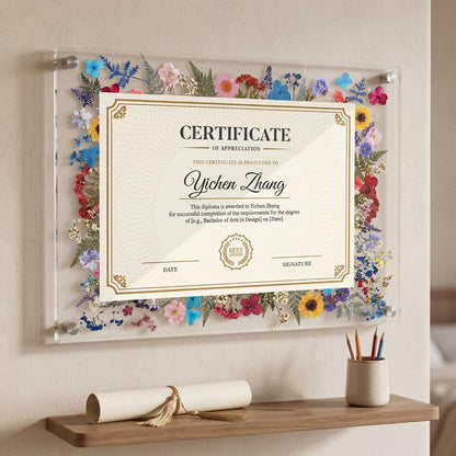 AmazingSpark 1 Set Pressed Flower Diploma Frame Floating Frameless Clear Acrylic Wall Mount Picture Frame, 24 Nano Strip 6 Color Pressed Flower for Certificate Degree Artwork (11x14'',Colorful)