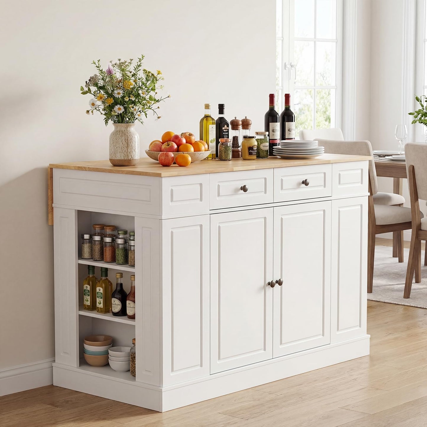 Giantex Kitchen Island with Storage & Drop Leaf, 48" Stationary Island Table with Rubber Wood Top, 2 Drawers, Cabinet, Adjustable Shelf, Butcher Block Island for Living Dining Room, Bar (White)