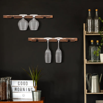 Ripeng 4 Pcs Wall Mounted Wood Stemware Rack Champagne Holder Rustic Wine Glass Hanging Shelf Wood Floating Glassware Wall Holder for Party Kitchen Bar Organizer 17 x 3 x 0. 8 Inch (Dark Brown)