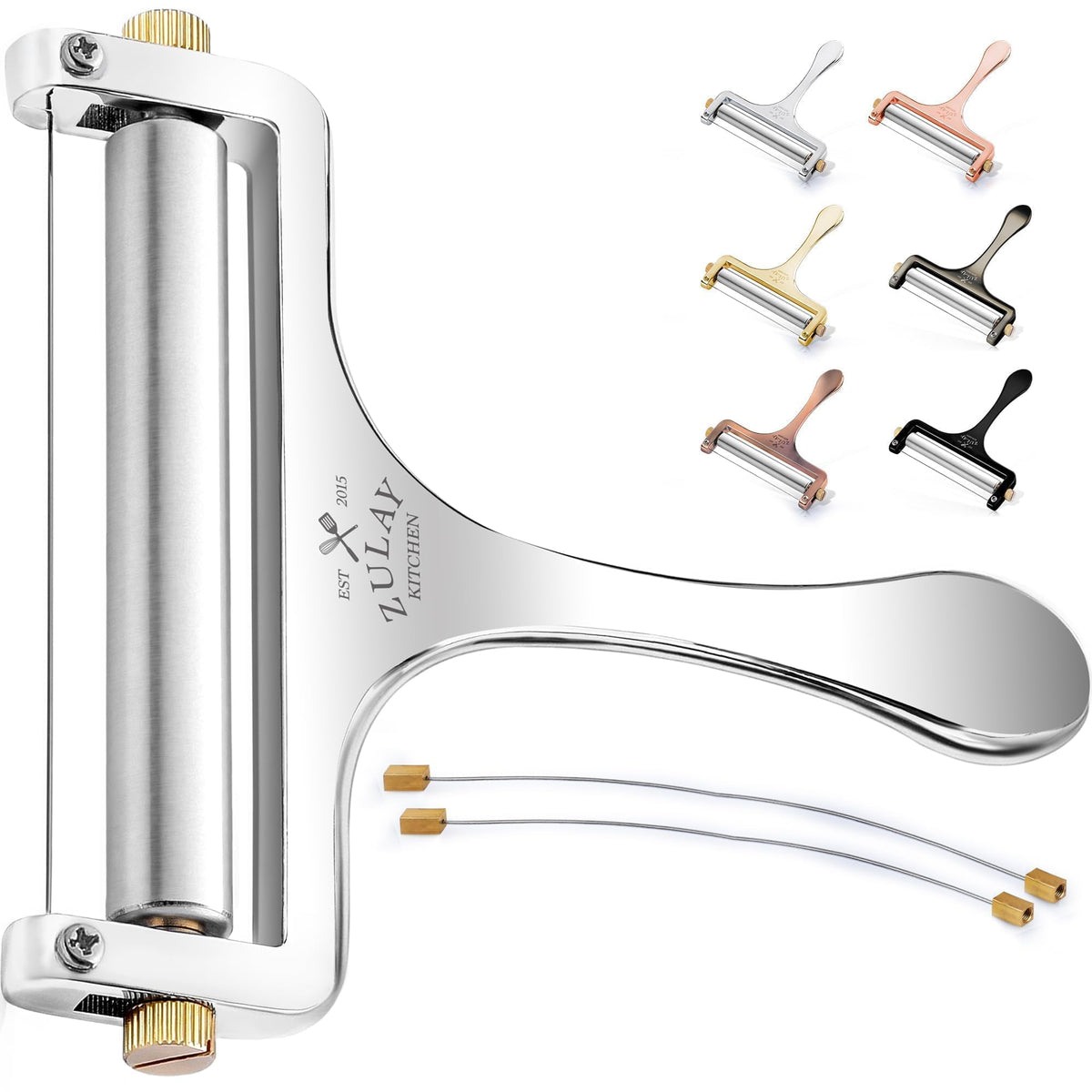 Zulay Kitchen Stainless Steel Wire Cheese Slicer - Adjustable Hand Held Cheese Cutter with 2 Extra Wires - Premium Cheese Shaver for Mozzarella, Cheddar, Gruyere - Cheese Cutter with Wire (Silver)
