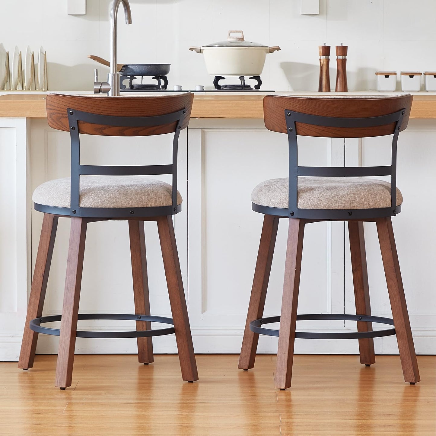 Finekoze Modern Bar Stools Set of 2, 26" Thick Upholstered Barstools with Curved Frabic Backrest&Solid Wood Legs&Matte Metal Frame, Counter Height Bar Stools for Kicthen Island,Khaki