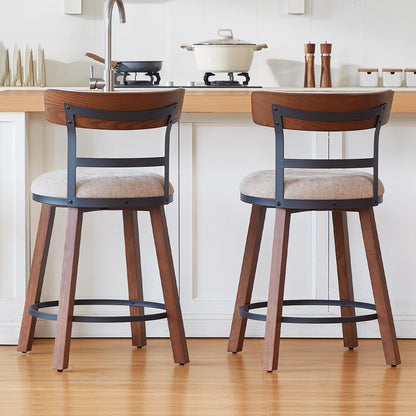Finekoze Modern Bar Stools Set of 2, 26" Thick Upholstered Barstools with Curved Frabic Backrest&Solid Wood Legs&Matte Metal Frame, Counter Height Bar Stools for Kicthen Island,Khaki