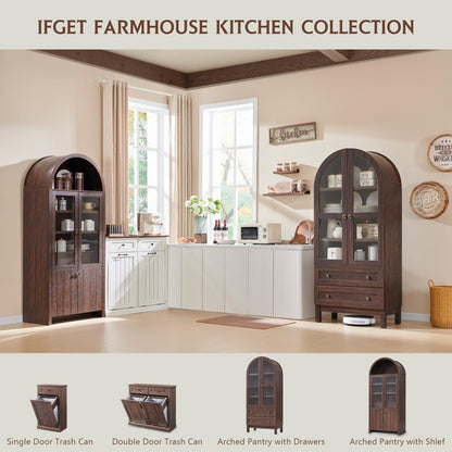 IFGET 71" Tall Arched Kitchen Pantry Cabinet, Wood Kitchens Storage Cabinets with 2 Large Drawers and Adjustable Shelves, Modern Farmhouse Versatile Cupboard for Kitchen, Dining Room, Bathroom, Brown