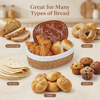 YANGQIHOME Bread Warmer Basket with Terracotta Warming Stone - Large Bread Basket for Sourdough, Tortillas, Rolls - Keeps Bread Warm 60+ Minutes - Includes Lid, Tongs & Liner