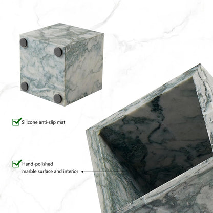 Real Luxurious Natural Marble Toothbrush Holder & Makeup Brush Organizer & Pen Holder for Desk,3.93inch Square Marble Utensil Holder Non-Ceramic/Non-Resin （Cyan Green）