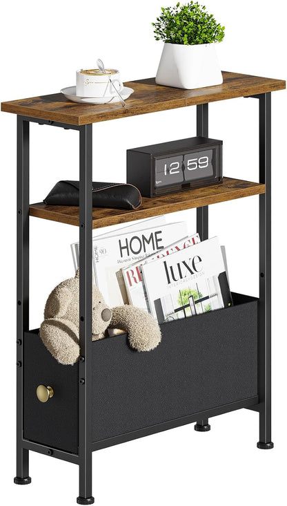 1 3-Tier Narrow Small Side Table, End Table with Fabric Drawer and Storage Shelf, Skinny Nightstand, Slim Bedside Table