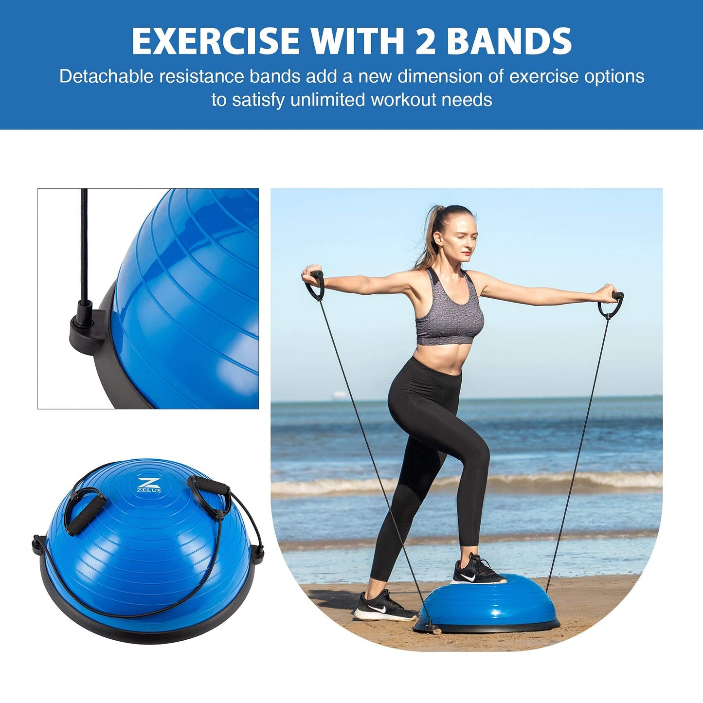 ZELUS Balance Ball Trainer with Resistance Bands and Foot Pump, Inflatable Yoga Ball for Home Gym Workouts, 23 Inch Exercise Half Ball for Balance Training Core Strength Fitness More, 330lb Cap