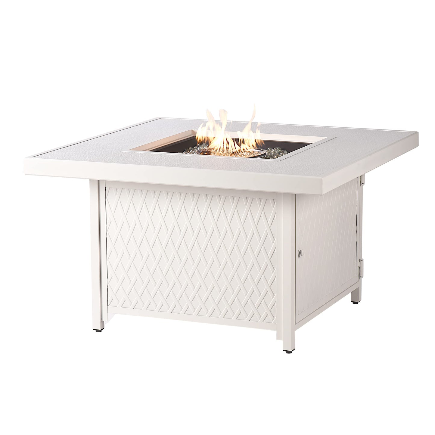 Oakland Living Square 42 in. x 42 in. Aluminum Propane Fire Pit Table with Glass Beads, Two Covers, Lid, 57,000 BTUs in White Finish