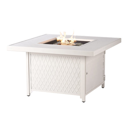 Oakland Living Square 42 in. x 42 in. Aluminum Propane Fire Pit Table with Glass Beads, Two Covers, Lid, 57,000 BTUs in White Finish