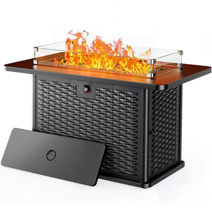 Ciays 43-Inch Rectangular Propane Fire Pit – 60,000 BTU Output, Premium Gas Fire Pit Table for Outside Patio, 304 Stainless Steel H-Burner, Glass Stones & Wind Guard, Black Finish