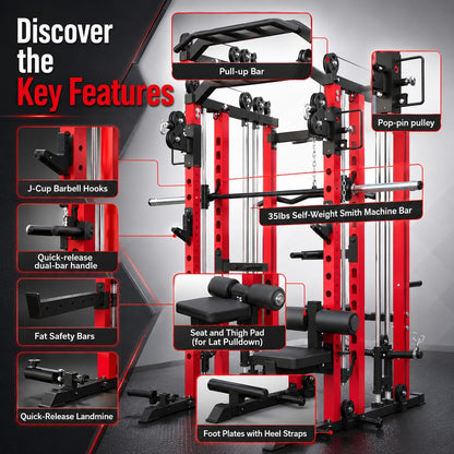 Danrelax Smith Machine Home Gym, 2000 lbs Power Cage with LAT Pulldown, Dual Cable Crossover & Pulley System, All-in-One Squat Rack for Strength Training, Bench Press, Garage Gym
