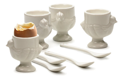 RSVP International Kitchen Accessories Collection Soft Boiled Egg, White Porcelain, Cup & Spoon Set, 8 Piece