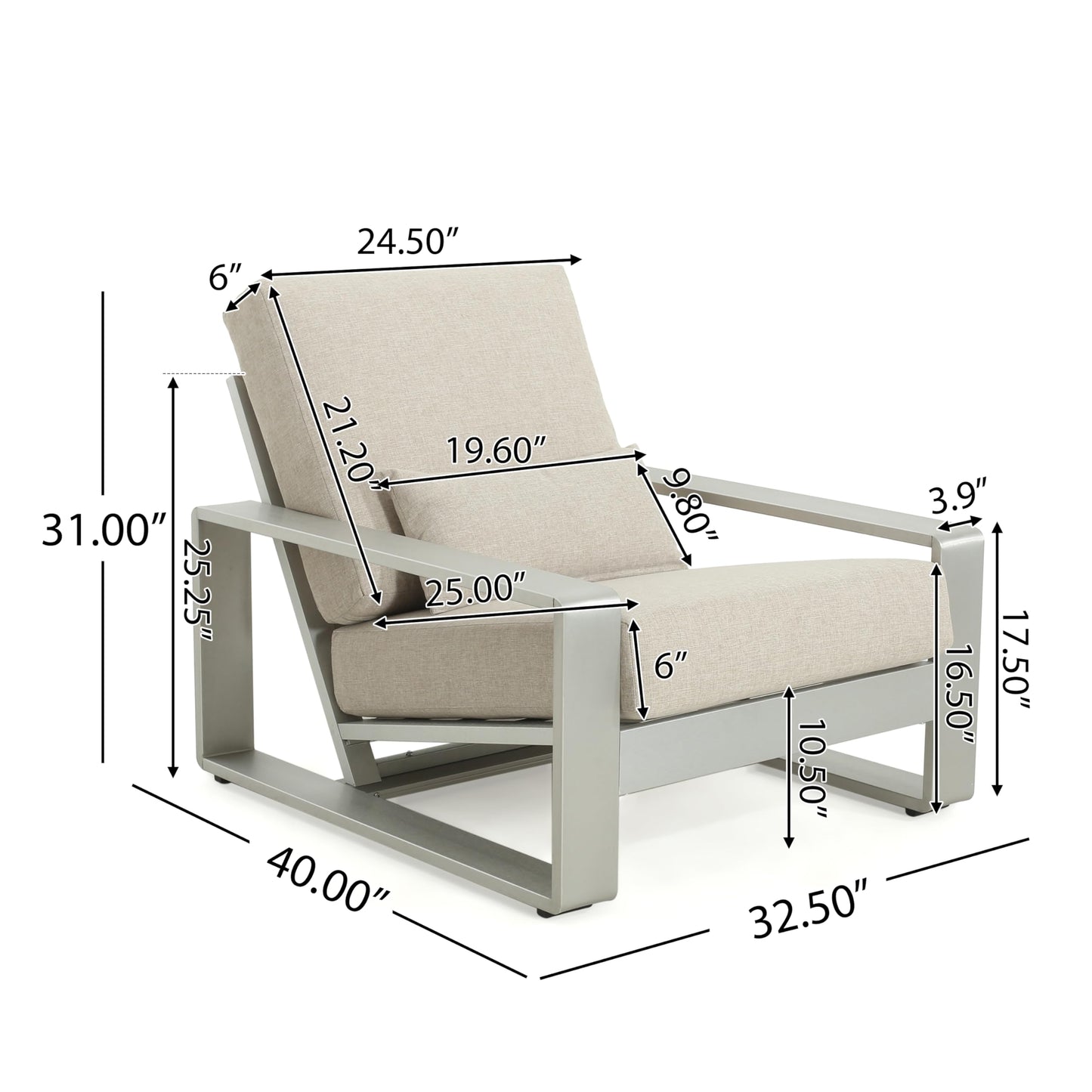 Christopher Knight Home Aspen Aluminum Outdoor Club Chair Set of 2, Lounge Chair Outdoor with Cushions, Indoor Metal Accent Chair, Tilt Backrest Recliner for Backyard, Garden, Balcony, Silver+Beige