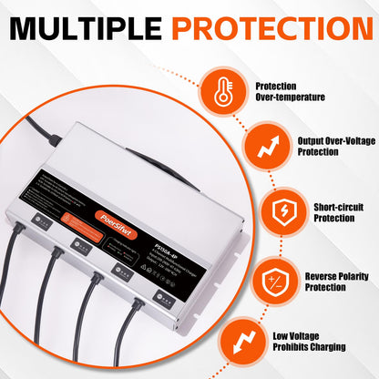 PoerSifwt 3 Bank 12V 10A Marine Battery Charger, Dual Output Smart Charger for LiFePO4, Lithium, Lead Acid Batteries, with 0V Start for Boat, RV, Trolling Motor, Lawn Mower (4-Channel Output)