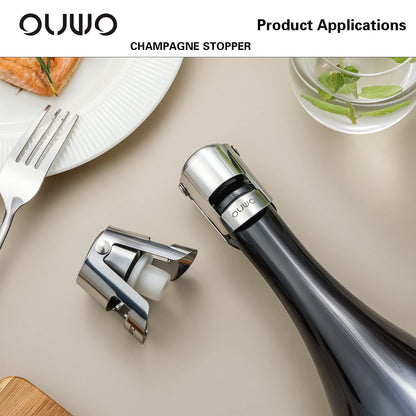 OUWO Champagne Stopper 6 Pack Stainless Steel Champagne Save with Food Grade Silicone, Leak-Proof Bubble Retaining Saver, Suitable for Champagne Prosecco Cava and Sparkling (Silver)