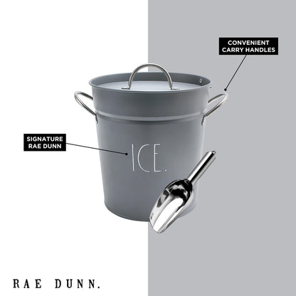 Rae Dunn Ice Bucket with Scoop - Stainless Steel Bucket with Handle, Lid and Ice Scooper - 4 Qt. Storage Bin for Ice Cubes for Bars, Parties, Backyard Barbeques, Picnics, and Camping (Grey)