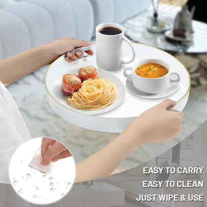 13" MAONAME White Decorative Tray for Coffee Table, Modern Round Serving Tray with Handles, Plastic Tea Trays