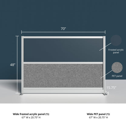 Stand Up Desk Store Expanse Modular Wall | 70'' x 48'' Wall | Expandable Partition Room Divider with Rearrangeable Frosted Acrylic & Sound Absorbent Wide Panels (Silver Frame)