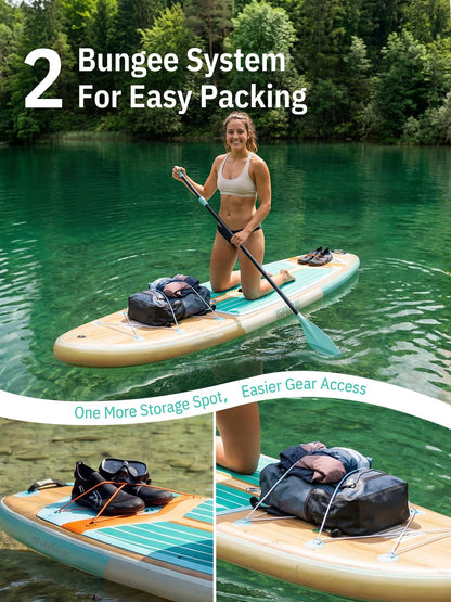 Niphean (Extra Large) Inflatable Paddle Board, SUP for 2+1 People/Family 500lbs Capacity Stand Up Paddle Board with SUP Accessories, StabilTrac Fin Non-Slip Paddleboard for Adults-Classic Wood